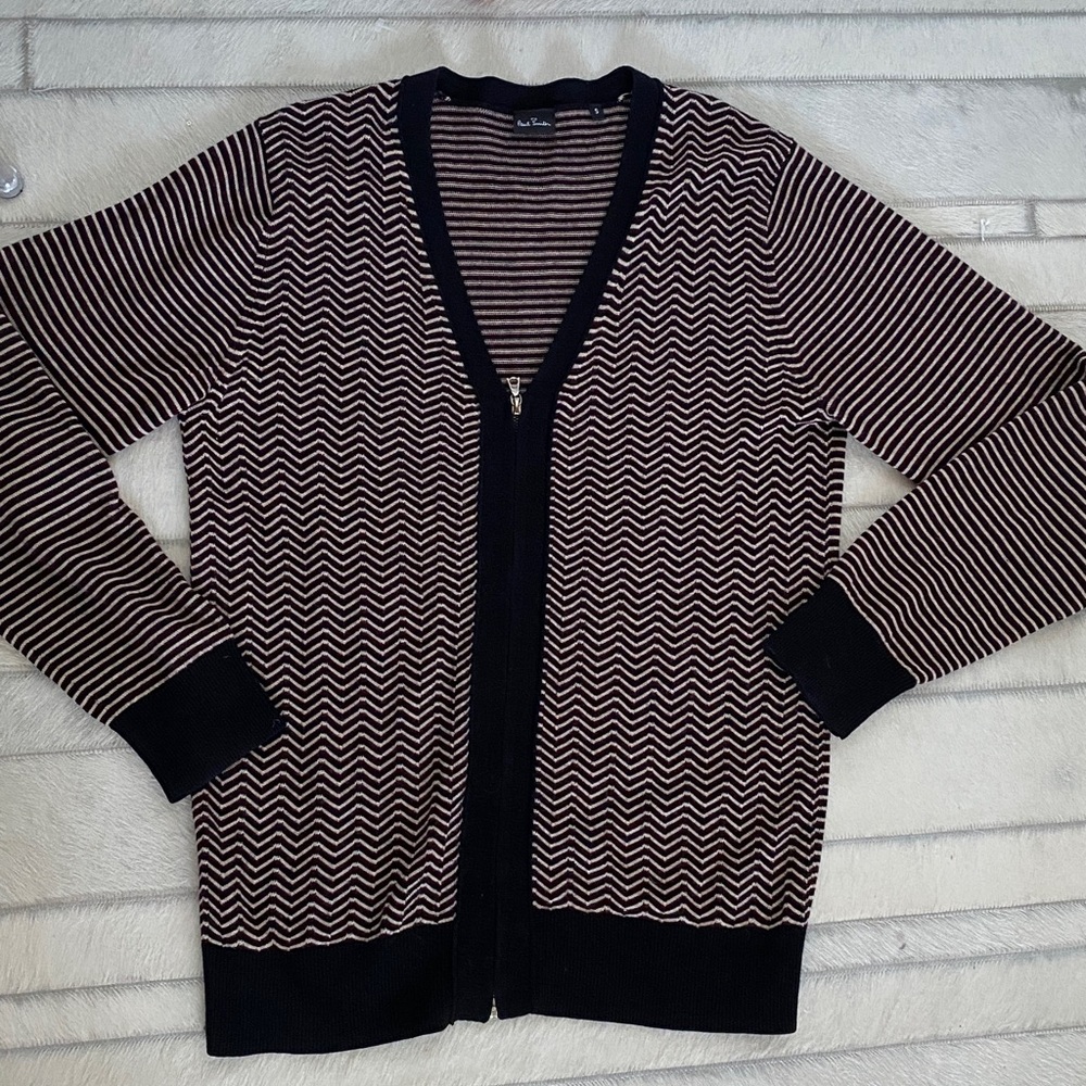Paul Smith Men’s Black and Brown Chevron/ Striped Sweater Zipper Cardigan Ribbed